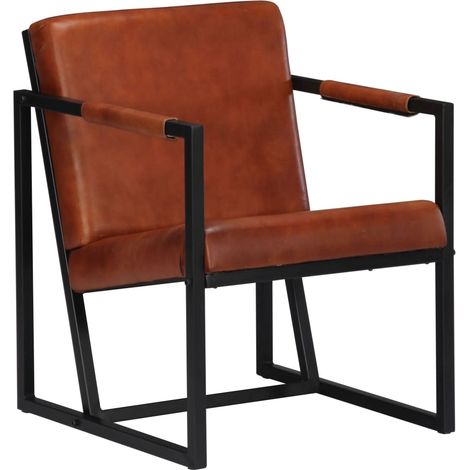 Fauteuil chaise siège lounge design club sofa salon marron cuir véritable