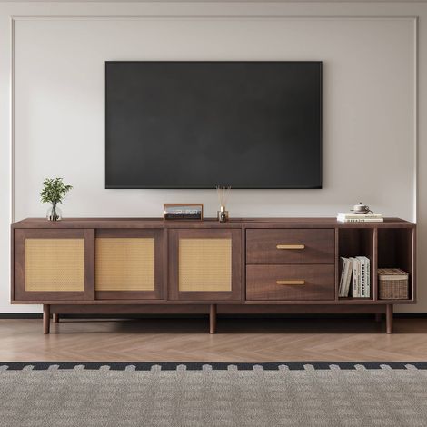 Meuble tv bas 190 x 40 x 52 cm en rotin marron mdf, 6 pieds, avec tiroirs, pour tv jusqu’à 75 pouces (1/5)