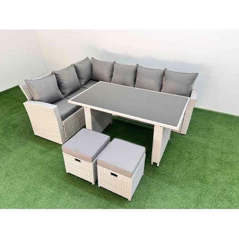 Fimous 8 Seater Wicker Rattan Corner Sofa Sets Outdoor Garden Furniture Sets with Rectangular Dining Table Lounge Sofa 2 Small Footstools Light Grey (1/5)