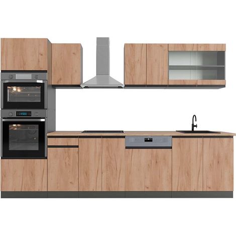 Küchenzeile R-Line, Goldkraft Eiche/Anthrazit, 300 cm mit Hochschrank, AP Eiche, Vicco