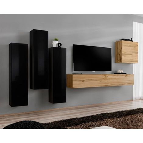 Meuble TV Mural Design "Switch III" 330cm Noir & Naturel (1/4)