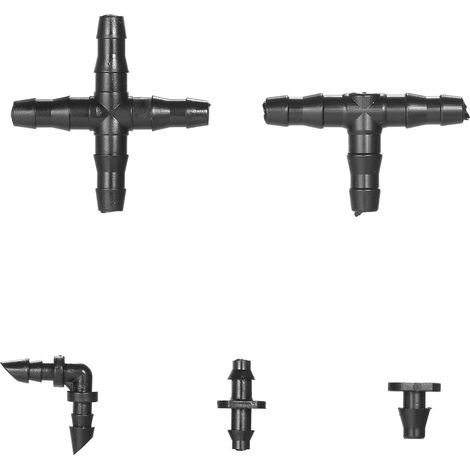 Kit de 250 piezas para sistemas de riego por goteo: racores con púas compatibles con mangueras de jardín y césped de 1/4 de pulgada (30 racores de 4 vías, 30 codos, 90 extremos rectos, 30 tapones, 70  (1/2)