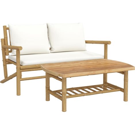 Set Salotto da Giardino 2 pz con Cuscini Bianco Crema in Bambù (1/5)
