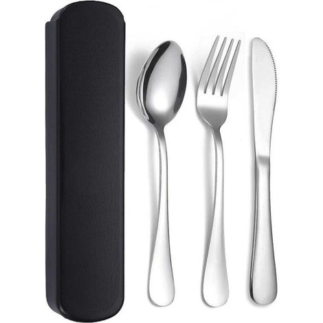 Ensemble de couverts en acier inoxydable, 3 pièces, noir, compatible lave-vaisselle, idéal pour les pique-niques, les voyages et le bureau.