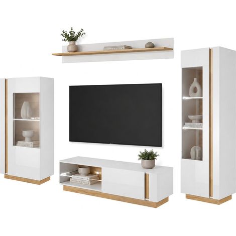 Wandregal Kanazala, Modularer Wohnzimmerschrank, 8 Ablagen, 11 Fächer, Hochglanz Weiß