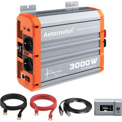 Onduleur 3000W 12V CC à 230V CA, onduleur sinusoïdal Pur avec 2 Prises européennes, USB-C, USB-A et télécommande LCD – pour Camping-Car, Camping et énergie Solaire, Puissance de crête 6000W (1/5)