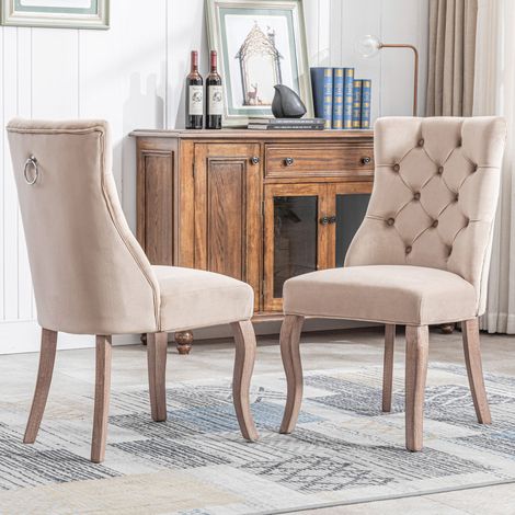 Chaise de salle à manger en velours beige – Dossier haut avec matelassage à boutons – Cadre en bois d'hévéa – Capacité 150 kg – Lot de 2 pièces (1/5)