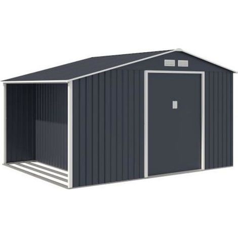 Abri de jardin en métal et abri bûches 8,72 m² - 342 x 255 x 202 - NOVA - Kit d'ancrage inclus, 2 portes coulissantes - Gris (1/4)