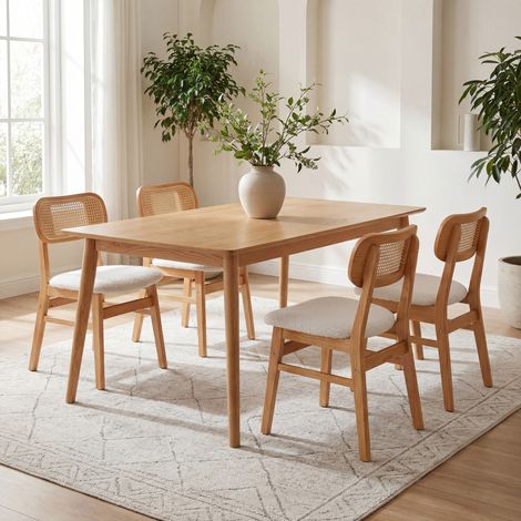 Wahson Lot de 4 chaises salle à manger en rotin – Coussin doux en fausse fourrure – Cadre en bois massif – Dossier élégant – Beige