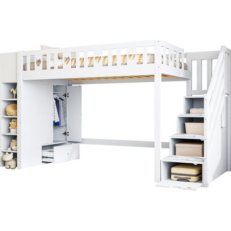 Letto a soppalco 90x200 cm con scala contenitore, scaffali, armadio ribaltabile e sponde a cuore, bianco, per cameretta - CHICFURN (1/5)