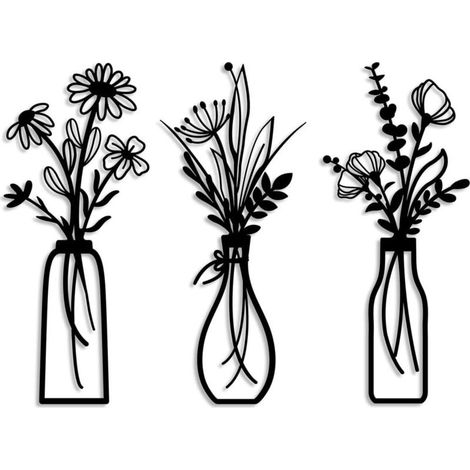 Ensemble de 3 vases muraux en métal en forme de fleurs – Vases noirs modernes – Décoration murale minimaliste pour salon, chambre, (1/5)