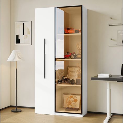 Multifunktionsschrank 70x40x160 cm Weiß aus MDF mit LED-Beleuchtung, Glastüren, Rollen und Side-Pull-Design (1/5)