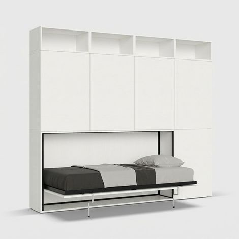 Lit simple escamotable horizontal avec matelas, armoire et bibliothèque Kando B (1/5)