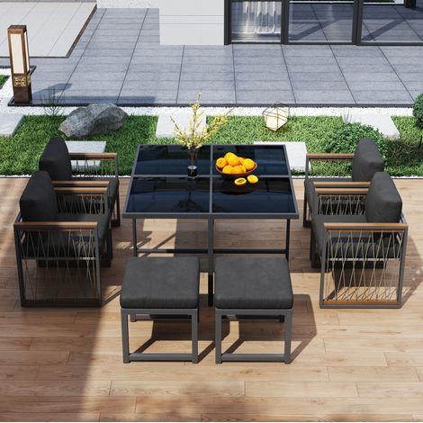 Gartenmöbel-Set aus Metall für 6 Personen, schwarz, mit Tisch aus gehärtetem Glas und abnehmbaren Kissen (1/5)