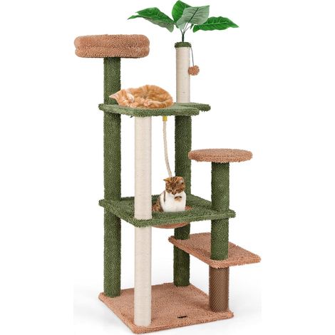 COSTWAY Árbol para Gatos de Altura 152 cm, Árbol Rascador para Gatos con Hamaca, Plataform de Felpa, Postes de Rascado de Sisal, Torre para Gatos, Centro de Actividades para Gatos, Verde y Marrón