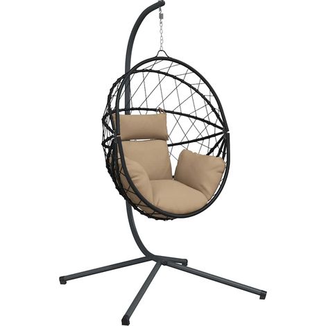Chaise suspendue en forme d'œuf et support taupe rotin et acier CFW954515 (1/5)