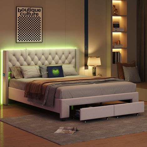 Letto 140x190 cm, con 2 cassetti di stoccaggio, fascia luminosa LED, porta USB, rete a doghe in legno massello, letto capitonnato in velluto - Beige