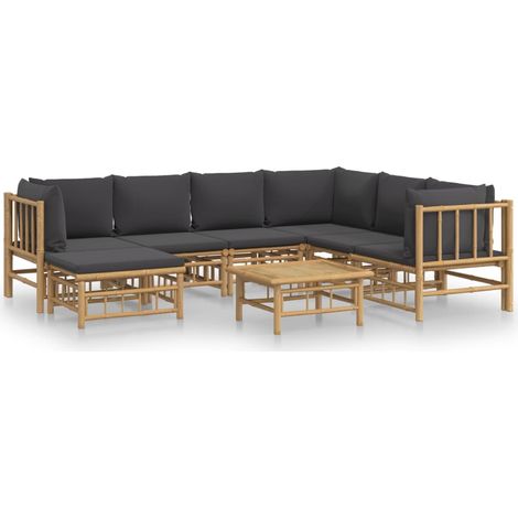 Salon de jardin 8 pcs avec coussins gris foncé bambou (1/5)