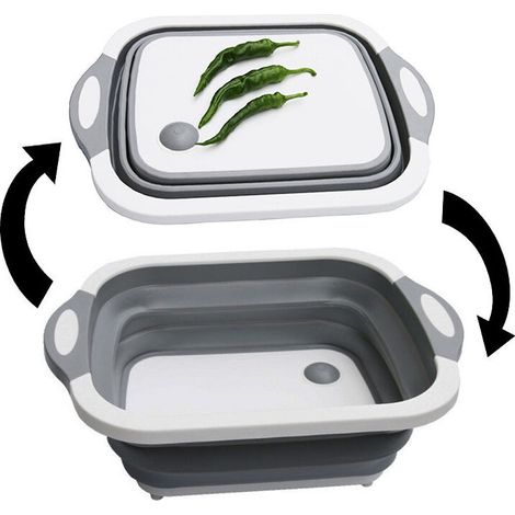 royaluxe -Planche à Découper Pliable 3 in 1 Multifonction Panier à Découper Panier de Rangement Panier de Drainage avec Bouchon de Drainage et Serviette pour Les Cuisines & Voyages(Gris), (1/5)