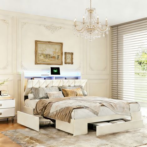 Lit double lit 140×200 avec éclairage LED et chargement USB Type C, 3 tiroirs, lit adulte pour 2 personnes, Tête de lit avec rangement, chevet rangement,en velours,beige (1/5)