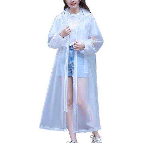 Adulte imperméable transparent XL, poncho de pluie réutilisable en EVA avec capuche, cordon de serrage, fermeture éclair et gants inclus. (1/5)