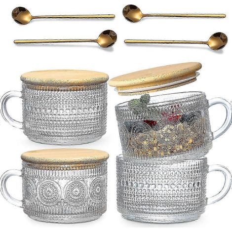 Ensemble de 4 tasses à café vintage, bocal à flocons d'avoine pour le lendemain, avec couvercle en bambou et cuillère.