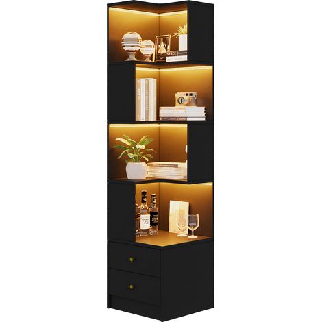 Étagère d'angle bibliothèque LED contrôlée par application, 4 niveaux, 2 tiroirs, rangement gain de place en MDF noir pour salon, bureau ou chambre  CHICFURN (1/5)