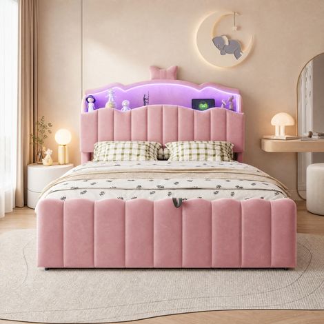Cama infantil 140 x 200 cm con arcón hidráulico, LED, USB y USB-C, rosa DESVIAE (1/5)