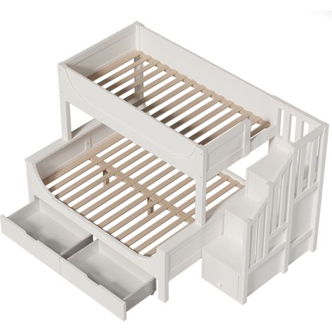 Lit superposé pour enfants avec armoire-échelle et tiroirs, élégant design en forme de traîneau, lit en bois avec barrière de sécurité et sommier à lattes, en haut 90x200 cm, en bas lit double 140x200 (1/5)