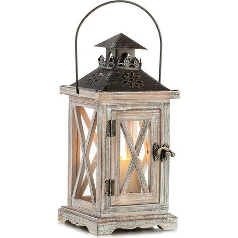 Lanterne en bois pour bougie - Lanterne décorative de 28 cm, style vintage, bougeoir, décoration shabby chic pour extérieur (1/5)