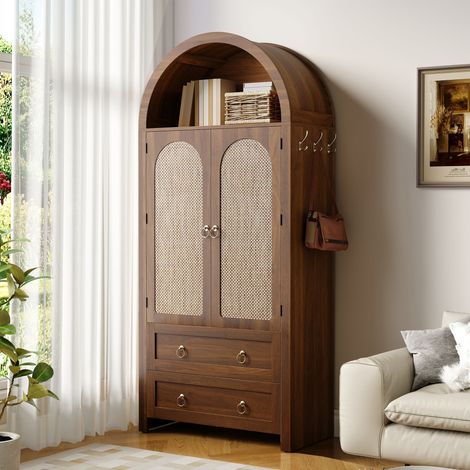 Armoire vintage en rotin arche 80x40x180cm Meuble rangement ventilé avec crochets latéraux 2 tiroirs étagère ouverte - salon chambre