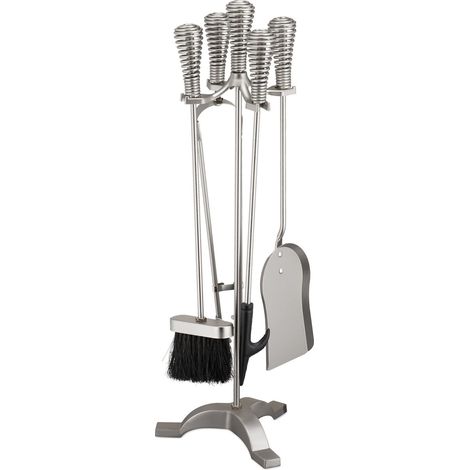 Relaxdays Set Attrezzi da Camino, 5 Accessori, Attizzatoio, Paletta, Scopino, Pinza e Supporto Porta Utensili, Argentato, Acciaio (1/5)