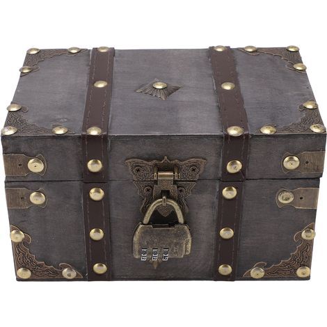 Coffre au trésor en bois avec serrure à code, style vintage, alliage résistant, boîte à bijoux ancienne, usage polyvalent (1/5)