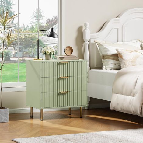 Commode Bois Naturel 3 Tiroirs Cannelée, Meuble de Rangement Moderne avec Pieds Dorés, Vert clair (1/5)