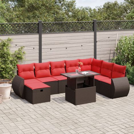 9-teiliges Gartensofa-Set mit Kissen, braun, Polyrattan (1/5)