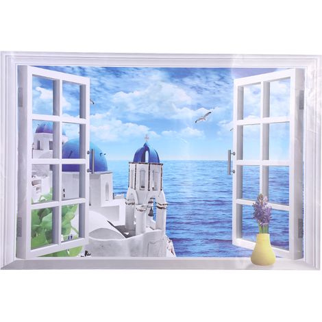 GARRYFIZH 3D grand amovible plage mer fenêtre paysage autocollant mural auto-adhésif papier peint égéen