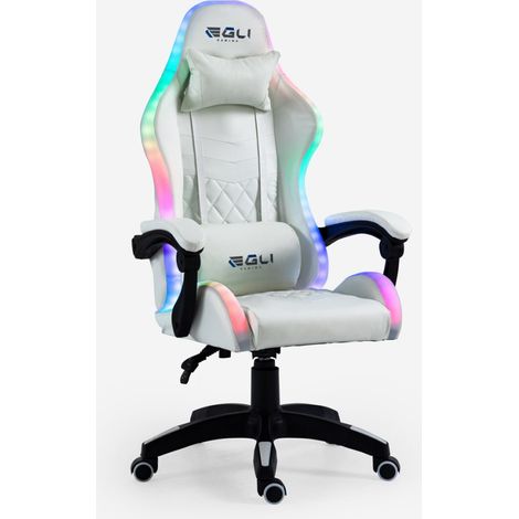 Sedia gaming bianca poltrona LED reclinabile ergonomica cuscino Pixy