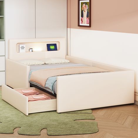 Lit enfant capitonné 90 x 200 cm, avec veilleuse et port de chargement USB, compartiments de rangement, rebords latéraux pour plus de sécurité, lit simple, convient aux filles et aux garçons, revêteme (1/5)