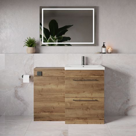 Napoli 390 Tobacco Oak 1100mm 2 Drawer Vanity Unit Toilet Suite with Glide Basin - 1100mm - Gunmetal Grey 320mm HandleWithout Kingston Toilet Pan