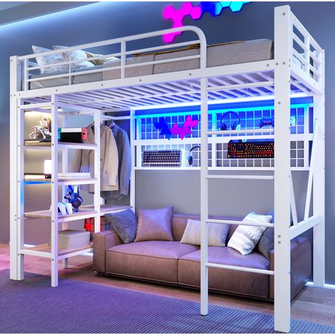 Hochbett 90x200 cm Mit Gestell Aus Metall Und Mdf Mit Weißer LED (1/5)