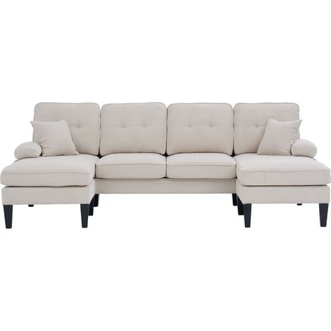 Canapé d'angle en lin beige 4 places avec deux chaises longues et coussins confortables (1/5)
