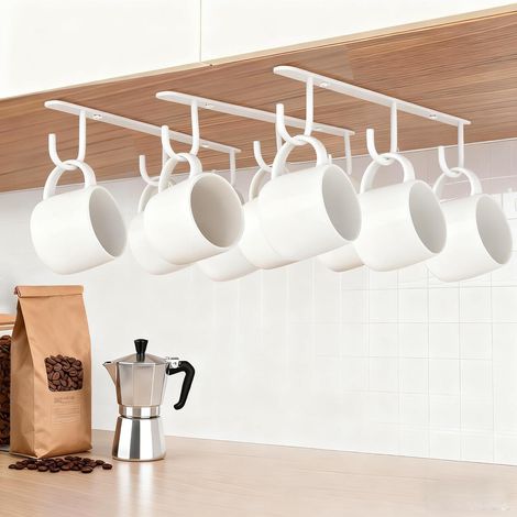 Lot de 3 Porte-Tasses Suspendu sous Placard, Tasse Crochets de Rangement sous Armoire,12 Crochets Porte - Tasse à Café sous L'étagère (Blanc) (1/5)