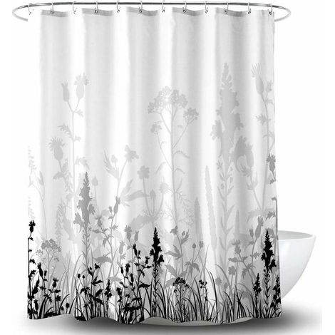 Green Mobility-Rideau de douche 180x200CM Rideau de douche en tissu de salle de bain floral noir et gris avec crochets, accessoires de salle de bain décoratifs, étanche à l'eau, œillets en métal renfo (1/5)