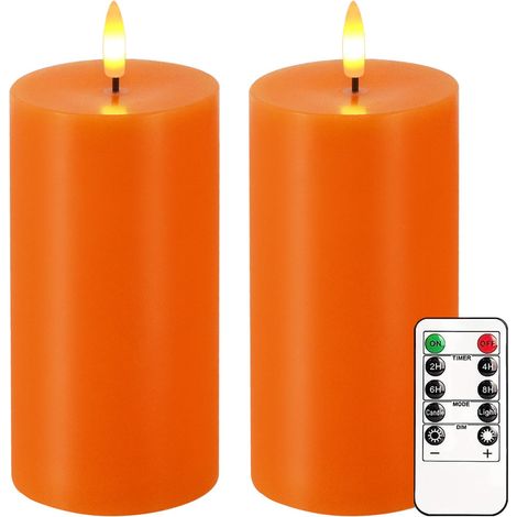 Chandelles sans flamme orange, ensemble de 2 de 7"x3" chandelles LED vacillantes avec télécommande et minuterie, chandelles pilier électriques dimmables fonctionnant sur batterie, lumière de chandelle (1/5)