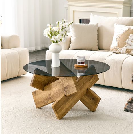 Tavolino rotondo in vetro Ø79 cm con base in legno, tavolino laterale per divano, design moderno, colore naturale (1/5)