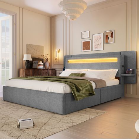 Cama con canapé 140x200 cm de MDF y lino gris con elevación hidráulica - CHICFURN (1/5)