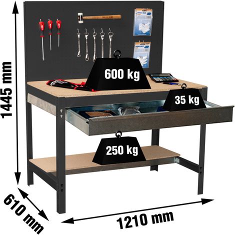 SimonRack Banco da Lavoro con Cassetto a Guide Telescopiche e Pannello Forato – Portata 600 kg – 1445x1210x610 mm – Postazione Fai da Te Officina – Antracite/Legno – BT-2
