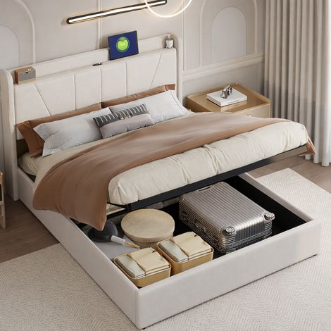 Lit coffre 160x200 cm avec sommier, lit double avec rangement hydraulique, tête de lit capitonnée avec étagère ouvertes et port USB, lits 2 personnes, sans matelas, lin, beige (1/5)