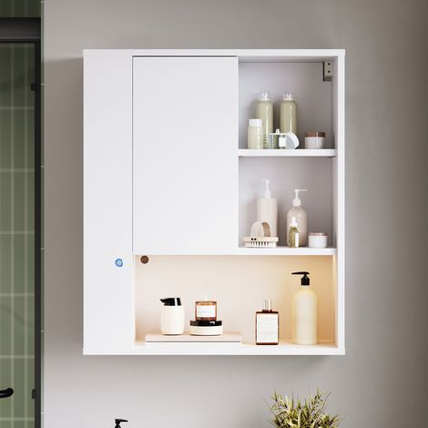 SONNI Badezimmerschrank weiß, mit LED-Beleuchtung, 1 Tür und offenen Fächern, 600 × 230 × 700 mm (1/5)