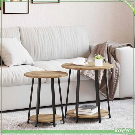 Table d'appoint - ABI - 2 pcs - Chêne artisanal et noir - Ronde - Design contemporain (1/5)